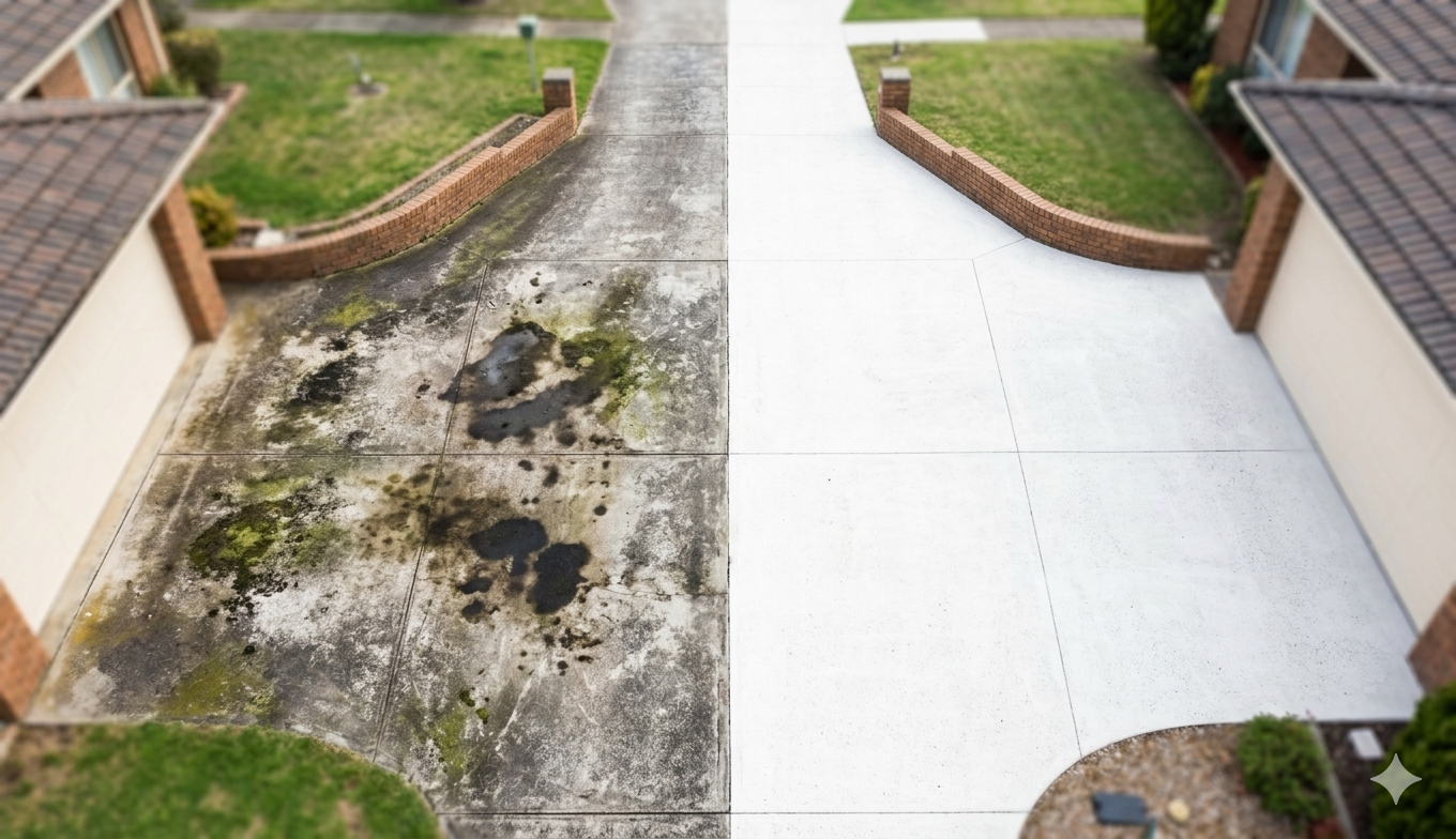 Driveway pressure washing before and after result Doncaster Melbourne